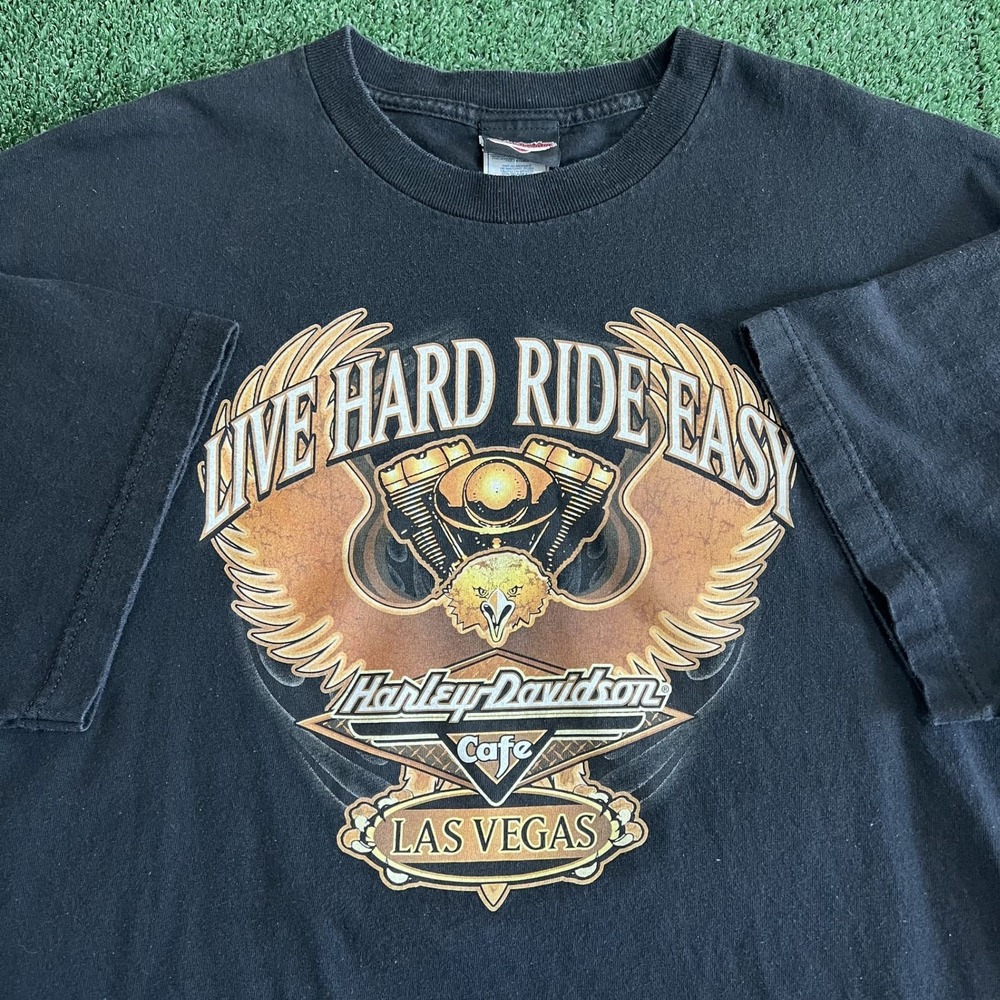 VTG Harley Davidson Cafe T-Shirt Mens XL Black Live Hard Ride Easy Las Vegas Y2K